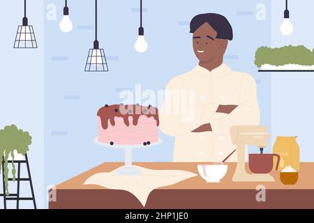 Chef pasticceria professionista accanto a una torta con crema al cioccolato. Uomo in panettiere uniforme con miscelatore, farina e attrezzatura da cucina su piano da cucina v Illustrazione Vettoriale