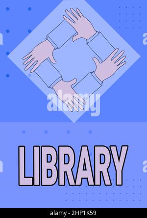 Libreria di didascalie concettuali, parola scritta in Sala dell'edificio contenente libri collezioni luogo per lo studio Four Hands Connected Holding Arms Together Show Foto Stock