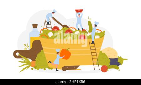 Stile di vita sano e cucina ricette dieta mediterranea. Un gruppo di piccoli chef cucinano insalata con verdure, lattuga e formaggio feta a pranzo o a cena, p. Illustrazione Vettoriale