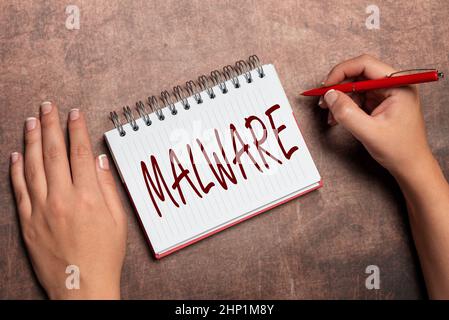 Didascalia concettuale malware, Business showcase malware o file che è dannoso per un utente di computer nuovo contratto firma piani di assicurazione casa Foto Stock