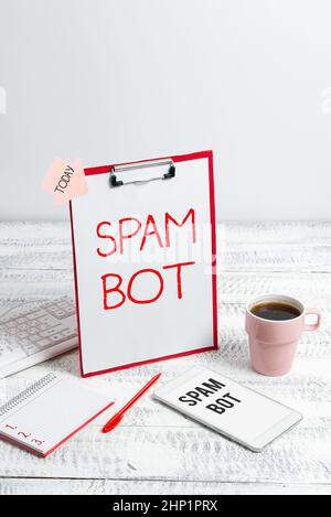 Visualizzazione concettuale Spam Bot, Word per programma autonomo su Internet che invia spam agli utenti digitando nuove idee Business Planning idea Voice e VI Foto Stock