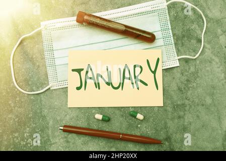 Scrittura di testo visualizzato gennaio, parola scritto il primo mese dell'anno e considerato il secondo mese di scrittura invernale di prescrizione Medicina lavoro Foto Stock