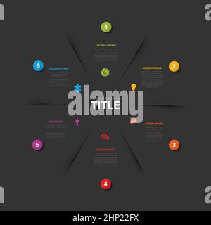 Modello di schema astratto con sei sezioni di passaggi su sfondo grigio scuro divise da ombra con icone di numeri grandi e alcune descrizioni. Multifunzionale in Illustrazione Vettoriale