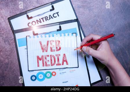 Firma di scrittura a mano Web Media, Business showcase audio e video forme di comunicazione presentate sul web Bacheca Bacheca disegni Brainstormin Foto Stock