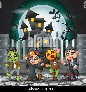 Cartoon felici i bambini con sfondo di Halloween Illustrazione Vettoriale