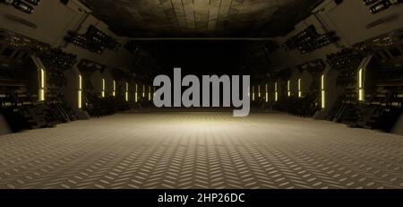 Vuoto futuristico corridoio vuoto Sala Garage Studio Danza incandescente Cosmic Light marrone colori Sci Fi sfondo Alien Scene concetto Art 3D Render Foto Stock