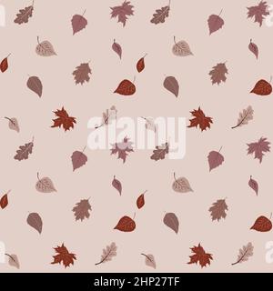 Delizioso motivo autunnale a foglie dai colori caldi, ripetizione senza cuciture. Stile piatto alla moda. Ideale per sfondi, design editoriale di abbigliamento, carte, carta da imballaggio regalo, arredamento per la casa, ecc. Illustrazione Vettoriale