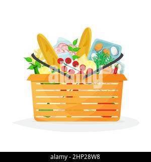 Cestino supermercato di alimentari pieno di prodotti alimentari. Illustrazione vettoriale piatta. Illustrazione Vettoriale