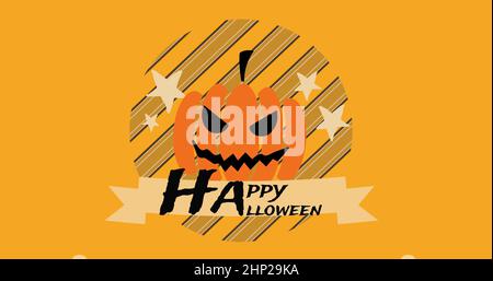 Composizione del testo happy halloween sulla zucca su sfondo arancione Foto Stock