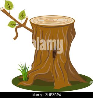 Moncone di albero vettoriale con ramo e foglie, puntelli realistici per cartone animato. Immagine vettoriale isolata su bianco. Ottimo per la decorazione dei cartoni animati e le animazioni di gioco Illustrazione Vettoriale