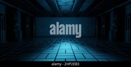 Cyberpunk Digital Tunnel Hangar Club Hallway Blue Turquoise Colors Abstract background Future Concept Art used as background 3D R Foto Stock