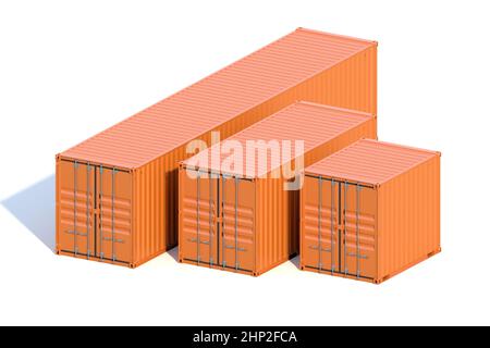 Set di 3 contenitori per carico della nave, lunghezza 10 20 40 piedi. Scatola per trasporto marrone metallizzata isolata su sfondo bianco. Logistica marina, magazzino portuale, cust Foto Stock