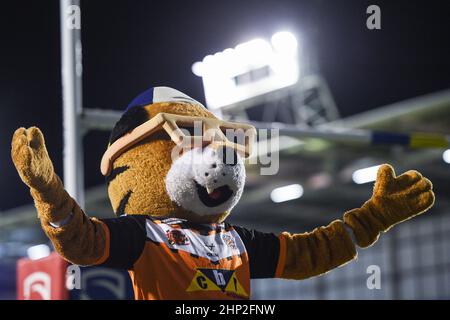 Warrington, Inghilterra - 17 Febbraio 2022 - Castleford Tigers mascotte durante la Rugby League Betfred Super League Round 2 Warrington Wolves vs Castleford Tigers allo stadio Halliwell Jones di Warrington, Regno Unito Dean Williams Foto Stock