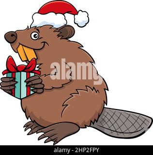 Personaggio animale cartoon beaver con regalo il tempo di Natale Illustrazione Vettoriale