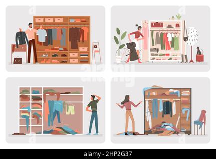Armadio con vestiti e persone set illustrazione vettoriale. I personaggi uomo donna cartoon organizzano camicie, abiti e scarpe in un armadio a casa aperto, choosin Illustrazione Vettoriale