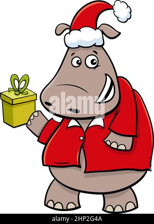 Personaggio animale di ippopotamo cartoon con regalo il tempo di Natale Illustrazione Vettoriale