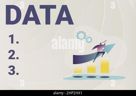 Segno di testo che mostra i dati, panoramica aziendale pezzo di informazioni fatti e statistiche raccolti come riferimento immagine colorata visualizzazione avanzamento, Abstrac Foto Stock