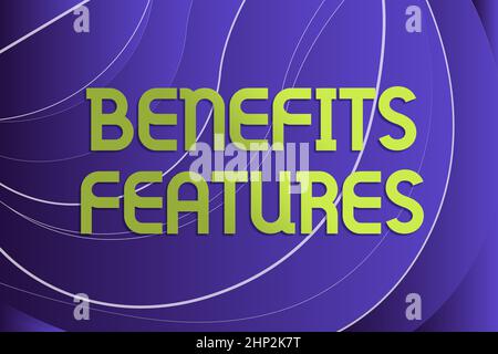 Vantaggi della didascalia concettuale caratteristiche, Word scritto su rendere un prodotto distinguersi dal valore di massa della linea IT sfondi illustrati con vari Foto Stock