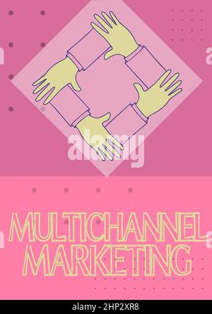 Testo che mostra l'ispirazione Marketing multicanale, panoramica aziendale per un consumatore da acquistare in qualsiasi modo è più facile quattro mani collegate bracci di presa Foto Stock