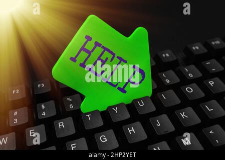 Segno di testo che mostra Aiuto, foto concettuale l'azione di aiutare qualcuno a fare qualcosa per migliorare una situazione Abstract che dà Story Writing Tips, Offerin Foto Stock