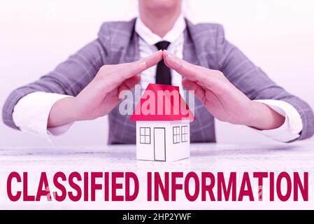 Ispirazione mostrando segno informazioni classificate, Internet concetto dati sensibili Top Segreto non autorizzato divulgazione nuove assicurazioni e coperture per la casa Foto Stock