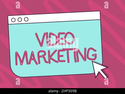 Segno che visualizza Video Marketing, concetto di Internet creare brevi video su argomenti specifici utilizzando articoli pagina Web colorata sfogliare disegno con una M Foto Stock