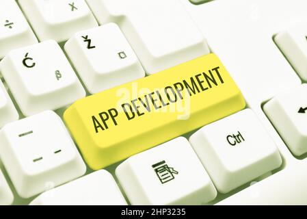 Caption Conceptual App Development, Business idea Development Services per esperienze mobili e web straordinarie digitando Online Network Protocols, Creatin Foto Stock