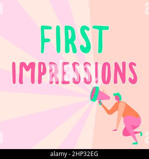 Ispirazione che mostra segno prime impressioni, parola per che cosa una persona pensa di voi quando vi incontrano per la prima volta Illustrazione di Una persona inginocchiata usando Mega Foto Stock