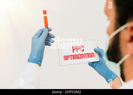 Didascalia di testo che presenta ottimizzazione di PPC, approccio di affari miglioramento della piattaforma di Search Engine per paga per scatto Ricerca Scientist che presenta nuovo Foto Stock