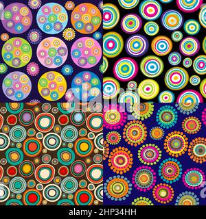 Set di quattro sfondi con forme circolari e fiori a punti Foto Stock