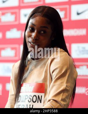 Elaine Thompson-Herah durante una conferenza stampa in vista del Muller Indoor Grand Prix all'Utilita Arena di Birmingham. Data immagine: Venerdì 18 febbraio 2022. Foto Stock