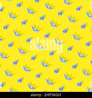 barche di carta origami su sfondo giallo in stile piatto. 3d rendering Foto Stock