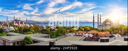 Panorama dello skyline di Istanbul sui tetti, l'Hagia Sophia e la Moschea Blu, Turchia. Foto Stock