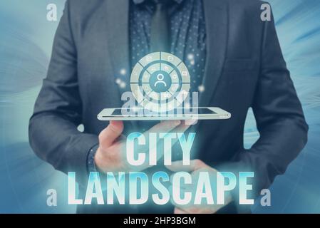 Cartello di testo che mostra il paesaggio della città, concetto che significa fotografia degli aspetti fisici di una città o di un'area urbana -42822 Foto Stock