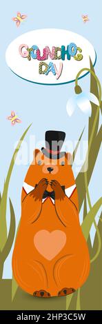 Buon giorno di groundhog. Bandiera verticale delle marmotte. Lettere di testo per il biglietto di auguri. Illustrazione di un cartoon vettoriale. Poster giorno marmott carino come un legno divertente Foto Stock