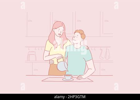 Concetto di colazione per una coppia innamorata. Giovane bel uomo e donna abbracciano l'un l'altro con vista tenera mangiare in cucina Illustrazione Vettoriale