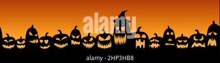 Scarry seamless sfondo con diverse varietà di zucche di Halloween formati Illustrazione Vettoriale