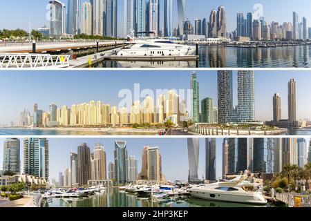 Dubai Marina e Harbour collage collezione skyline architettura ricchezza viaggi di lusso negli Emirati Arabi Uniti ricchi Foto Stock
