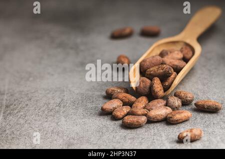 Fagioli di cacao secchi. Fagioli di cacao in paletta di legno. Foto Stock