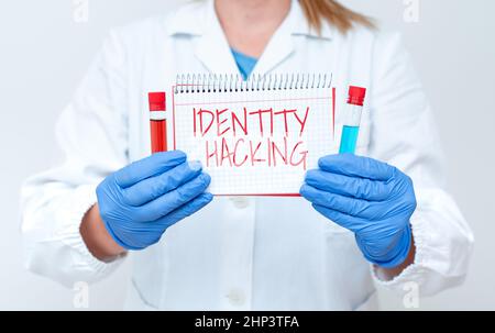 Didascalia di testo Presentazione Identity Hacking, Word for criminal che rubano le vostre informazioni personali utilizzando malware Testing Medicine e vaccino per virus Foto Stock