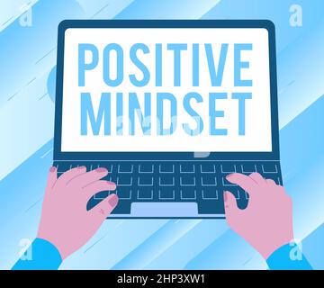 Scrittura che mostra il mindset positivo del testo, l'approccio di affari mentale ed atteggiamento emotivo che mette a fuoco sull'illustrazione laterale luminosa di Un lavoro della mano occupato Foto Stock