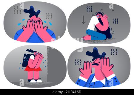 Donna uomo infelice sentirsi stressato avendo problemi di vita incapaci di far fronte a soffrire di depressione. Le persone in difficoltà lottano con la rottura nervosa o la menta Foto Stock