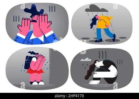 Le persone stressate piangono si sentono infelici e angosciate lottando con molestie o depressione. La donna sconvolto soffre di disturbi mentali bisogno di aiuto o consiglio Foto Stock