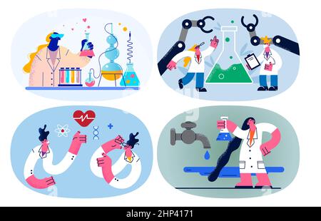 Set di scienziati diversi con tubi fare esperimenti o ricerca in laboratorio. Gruppo di operatori medici o ricercatori sviluppano il lavoro sul vaccino in laboratorio Foto Stock