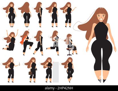 Businesswoman character design.Front, laterale, vista posteriore, ragazza d'affari. Cartone animato giovane donna. flat vettore isolato Foto Stock