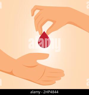 Concetto di donazione di sangue. Goccia di sangue tenere in mano Illustrazione Vettoriale