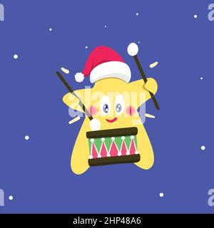 Stella del cartone animato di Natale con un cappello di Babbo Natale che suona il tamburo. Illustrazione vettoriale piatta Illustrazione Vettoriale