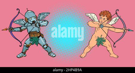 Robot e Baby Angel Cupido con arco e freccia, un mitico personaggio d'amore. Pop Art retro Vector Illustration Vintage kitsch 50s 60s Style Foto Stock