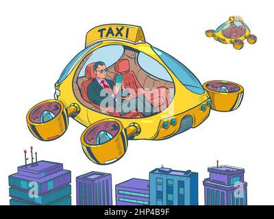 Passeggero d'affari. Taxi aereo drone, autopilota trasporto urbano. Elicottero del futuro isolato su uno sfondo neutro. Pop Art retro Vector Illust Foto Stock