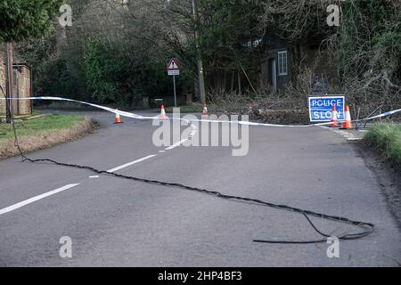 Station Lane, Godalming. 18th febbraio 2022. I venti di forza dell'uragano hanno colpito oggi le contee domestiche mentre la Storm Eunace ha fatto la caduta. Danni da tempesta a Godalming in Surrey dove le linee elettriche sono scese a causa di alberi cadenti. Credit: james jagger/Alamy Live News Foto Stock